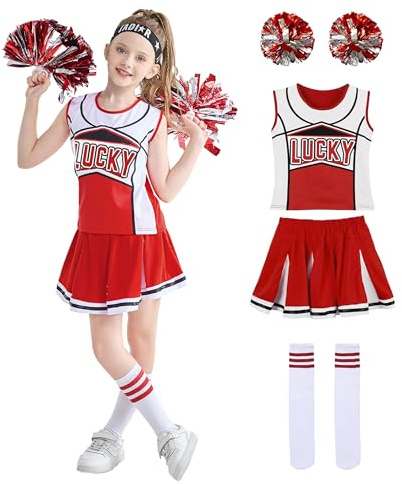 LOLANTA Déguisement Pompom Girl Fille, Costume Cheerleader avec Pompons et Chaussettes, pour Halloween, Carnaval, Rouge, 8-9 ans, 140