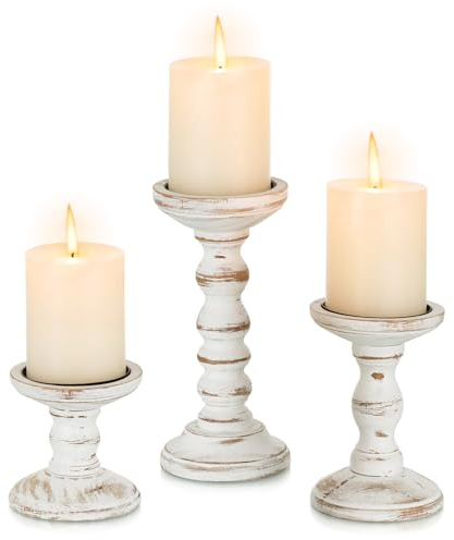 Romadedi Wood Candle Holders for Pillar Candles - Set of 3 Tall Farmhouse Wooden Candlestick Holder, Rustic Candle Stand for Fireplace Mantle Shelf Table Home Decor, Brown Whitewashed 3.9/6/ 8.3