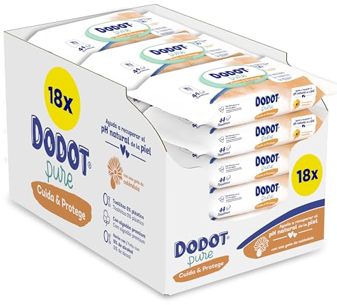 Dodot Toallitas Pure Cuida & Protege Para Bebé, 792 Toallitas (18 Packs De 44 Unidades), Ayuda a restaurar el pH natural de la piel, 99 Agua, Sin plástico