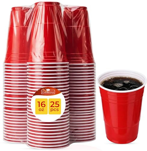 CHEF ROYALE 16oz (25 pcs) Red Plastic Cups - Disposable Drinking Cups - Recyclable BPA Free - Eco-Friendly Red Cups for Halloween, Christmas, Birthdays, Weddings (25, 16oz)