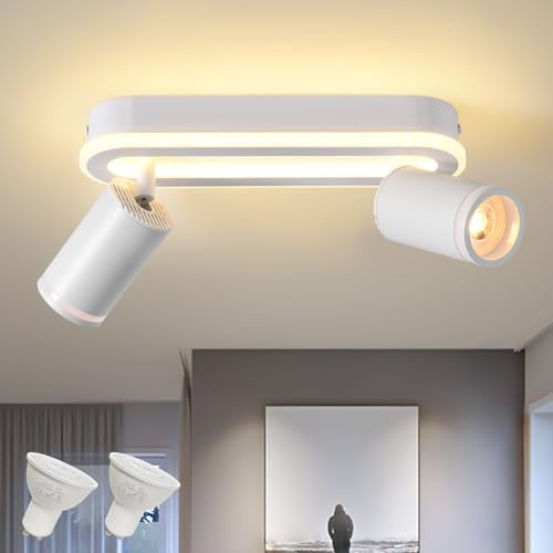SANSHI Deckenleuchte 2 Flammig LED,Schwenkbar 350°Deckenstrahler,Deckenlampe mit unteres Glühen 15W+2x5W GU10 Spots,Modern Deckenspot Strahler 3000K Warmweiß,Spotlight Lampe für Wohnzimmer,Küche,Weiß