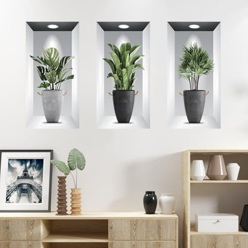 3 Pezzi Adesivi Murali Pianta,3D verde pianta in vaso adesivi impermeabili della parete d'arte,3D adesivo della parete della pianta per il soggiorno camera da letto bagno cucina ufficio decorazione