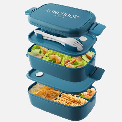 HENSHOW Bento Lunch Box, 1500ml Boîtes Bento Adulte 2 Couche Boîte Repas Compartiment Lunchbox Micro Ondes avec Couverts et Boîte à Sauce, Sans BPA Anti Fuite Bento Box pour Travail (Bleu)