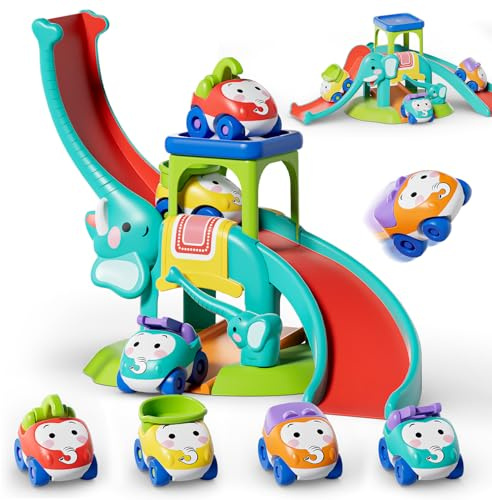 Lehoo Castle Jouet de Voitures pour 1-3 Ans, Cadeau pour Enfants | 4 Voitures Éléphant avec Garage à Toboggan, Jeux pour Garçons Filles 12+ Mois, Cadeaux de 1er Anniversaire, sans Batterie