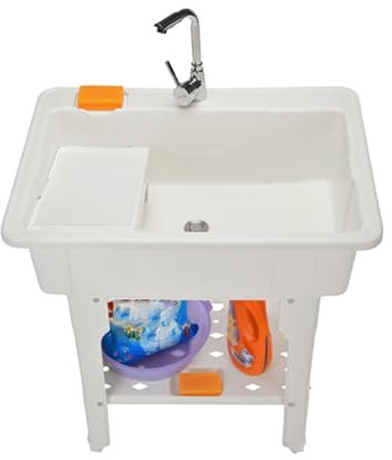 Lavandino in plastica per lavanderia, lavello multiuso con rubinetto e asse da bucato, lavabo indipendente per ristoranti, lavanderie e garage(White,31.5in)