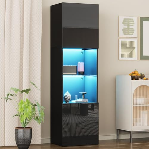 Sweiko Vitrine Brillante avec éclairage LED 45 * 35 * 160 cm, 1 étagère en Verre, vitrine indépendante, Armoire Haute, Armoire de Rangement (Black, 45 * 35 * 160 cm)