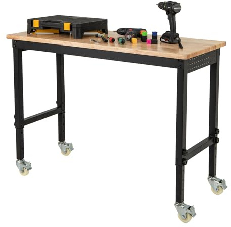 COSTWAY Adjustable Workbench, 4-Level Height Rolling Garage Work Bench with 4 Lockable Casters and Bamboo Top, Heavy Duty Steel Workstation,1100kg Load Capacity (Natural, 122 x 51 x 74-104cm)