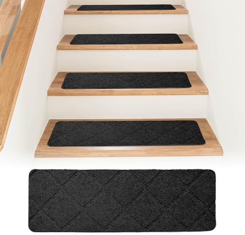 Bocguy 15 Stück Treppenstufen Matten, 55x19cm Stufenmatten Innen rutschfest, Selbstklebend Antirutschmatte Zuschneidbar Wiederverwendbar für Treppenschutz (Schwarz)