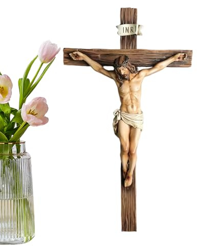 kinrguiyuez religiös Jesus kors krucifix staty, 25 cm harts religiös dekoration, Sankt katolsk statyett vägghängd prydnad, skrivbordssamlarobjekt, konstdelar, påskartiklar