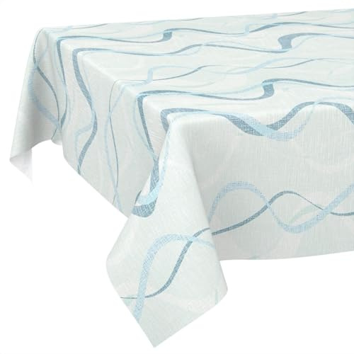 Nappe en Toile cirée Lavable, Facile d'entretien, imperméable, Effet Lotus, pour l'extérieur, Nappe de Jardin, Motif Vagues, Bleue, 180 x 120 cm, Bord coupé