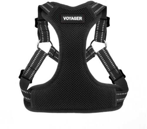 Voyager Verstellbares Hundegeschirr mit Reflektorstreifen by Best Pet Supplies - Strapazierfähige Ganzkörperweste ohne Zugkraft mit Leinen-D-Ring, atmungsaktiv, Schwarz, size S
