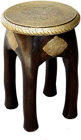 Casa Moro Orientalischer Sitzhocker Kamala H 45 x Ø 34 cm rund aus Massivholz Mango handgeschnitzt mit Messing verziert | Kunsthandwerk Pur | Vintage Holz-Hocker Beistelltisch | MA03-24