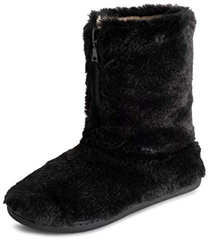 Polar Women’s Faux Fur Indoor Outdoor Boot Slippers - Memory Foam Lined House Shoes with Zip Closure, Plush Warm Lining & Non-Slip Rubber Sole - Cosy Winter Comfort Footwear - Black - UK6/EU39