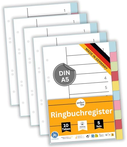 perfect line 5-pack A5-register i färg med 10 flikar (5x10), 16,3 x 21,5 cm, med försättsblad, flikar i kartong i 5 färger, 160 g, perfekta separationsblad för att organisera pärmarna på kontoret