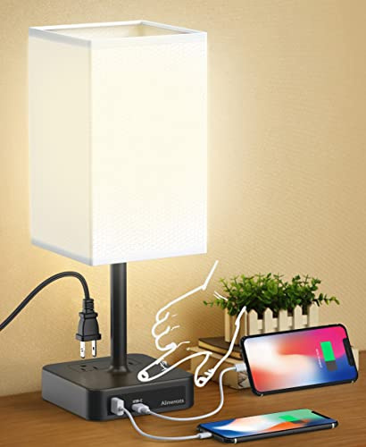 Alimentata Bedside Table Lamp with Touch Control & USB C+A Charging Ports LED Desk Lamp with 2 AC Outlets, Minimalist Nightstand Light with Black Fabric Shade for Bedroom, Living Room, Office, White