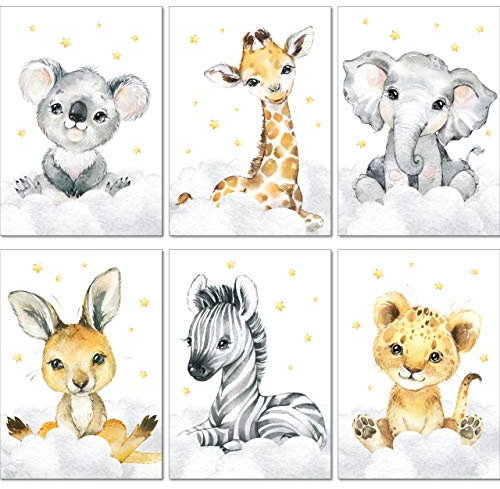 LALELU-Prints Bilder Kinderzimmer Poster Babyzimmer Deko Mädchen Jungen Kinderbilder Set Kinderzimmerbilder (Safari Tiere A3 6er Set)