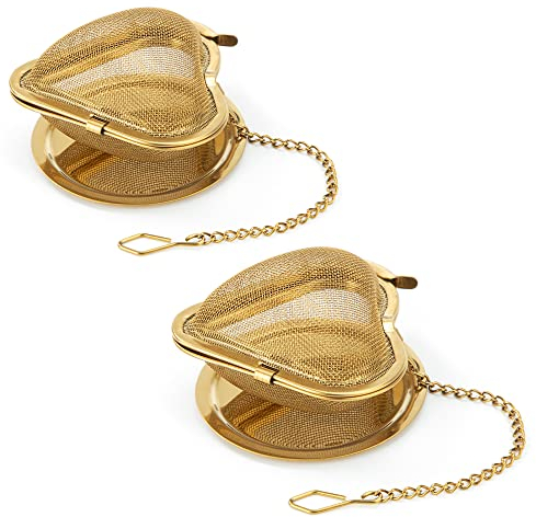 Heveer Infuseur Thé Passoire à Thé en Forme de Cœur Acier Inoxydable avec Plateau D'égouttement Chaîne pour Thé en Vrac Or 2 Pièces