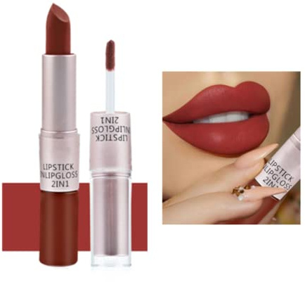 2 in 1 Pintalabios,Labiales Mate Larga Duración de Moda y Populares Suave y No pegar Fácil de Quitar (Rojo 052)