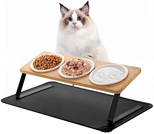 Otoomenz 3PCS Cat Bowl, Ceramic Cat Food Bowls With 15° Tilted Wood Stand,Raised Cat Bowls for Food and Water, Bamboo Cat Feeding Station with Cat Food Mat for Cats and Puppy