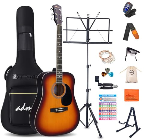 ADM Dreadnought Acoustic Guitar Kit with Free Lesson for Beginner Adult Teen Full Size Acustica Guitarra Starter Bundle Set w/Bag Strap Tuner Capo Pickguard Music Stand Right Hand(Sunburst, 41 Inch)