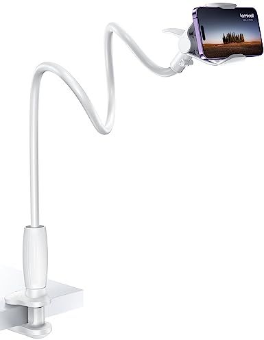 Lamicall Gooseneck Bed Phone Holder - [80 mm Clamp Base] Universal Flexible Lazy Arm for Desk, 360 Overhead Phone Mount Clip for iPhone 17 16 15 14 13 12 Series, Xs XR, Samsung, 4-7” Cellphone - White