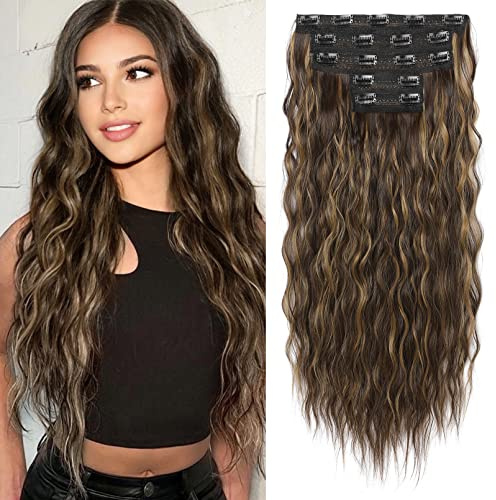 Clip in Hair Extensions, REECHO 5PCS Brown Hair Extensions 24 Thick Long Loose Waves hair extensions HE002 Invisible Lace Weft Natural Soft Hairpieces for Women – Dark Brown with Highlights