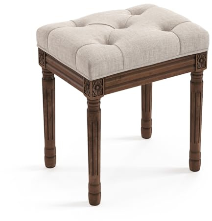 LUE BONA Upholstered Fabric Vanity Bench Seat, Makeup Stools for Vanity, Square Tufted Ottoman Bench with Carved Dark Brown Legs for Bedroom Living Room, Linen Color