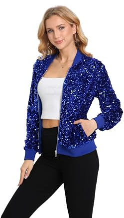 Women's Sequin Jacket Long Sleeve Blazer Glitter Front Zip with Pockets Bomber Christmas Halloween Royal Blue, XL