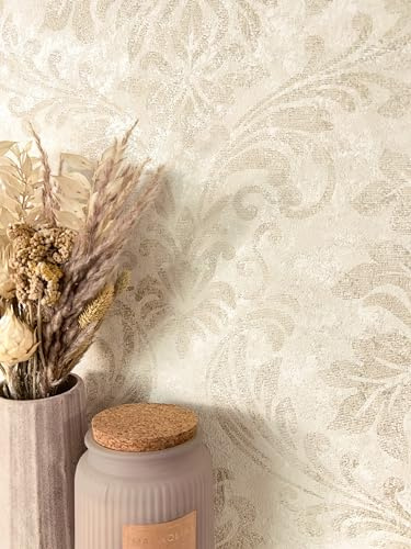 Newroom Tapete Beige Vlies Ornament - Vintage Glamour Mustertapete mit Metallic Glanz für Schlafzimmer Wohnzimmer