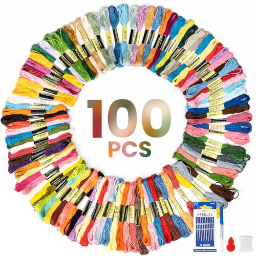 100 Colours Embroidery Threads, Cross Stitch Thread, Embroidery Floss with Needles, Rainbow Colour Bracelet Thread for Knitting, Embroidery Floss Bobbins, Cross Stitch Project
