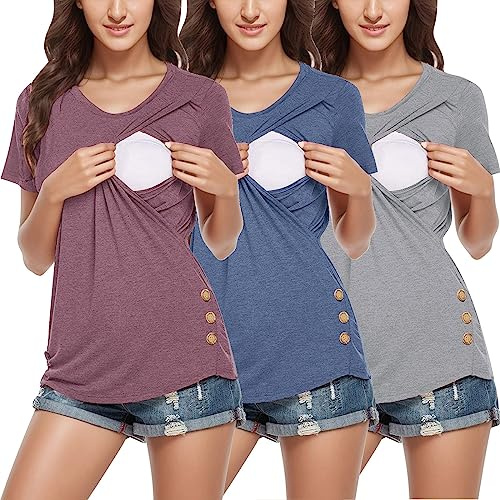 Camisetas de maternidad para Acción de Gracias, manga corta, botones laterales, cuello redondo, color sólido, camisetas de lactancia para lactancia, paquete de 3 camisetas de algodón de maternidad,
