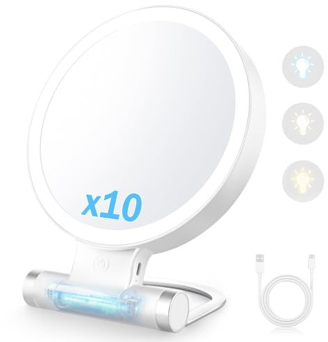 Euakee Vergrößerungsspiegel mit Licht, 10-fache/1-fach Tischspiegel, Wiederaufladbar Tragbar Spiegel Schminkspiegel, Reisen Kosmetikspiegel mit Beleuchtung, 3 Farben Modi und Einstellbare Helligkeit