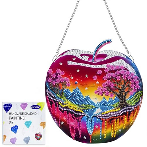 CAYUDEN Diamant Peinture Pendentif, Pomme Diamond Painting Ornements pour Adultes Enfants DIY Suspendus Diamant avec Chaîne 5D Diamond Plaque de Porte Kit de Pendant Porte Suspension Décor, Cadeaux