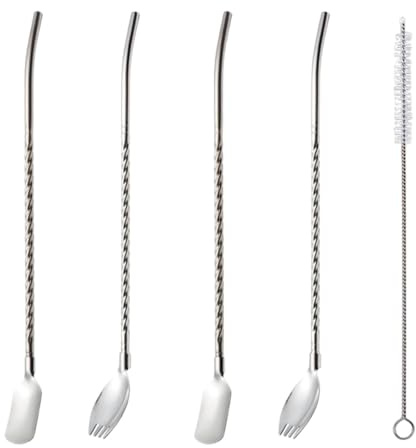 Ouliget Stainless Steel Straws Spoons,Iced Tea Spoon With Straw Handle For Drinking,Reusable Metal Cocktail Spoons Straws with Long Cleaning Brush For Mixing and Stirring,4 Pieces