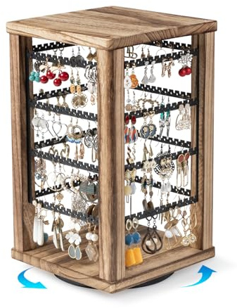 Emfogo 360 Earring Holder Organizer, Rustic Wood Earring Stand, Rotating Wooden Display, 4 Tiers Earring Organizer Stand for Stud Earrings, Hoop Earrings & Necklaces, Women Gifts