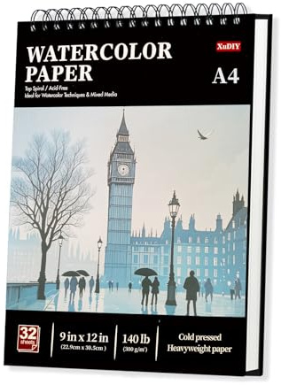 Blocco Carta A4 per Acquerello, 32 Fogli (64 Pagine), 300 g/m² Trama Fine, Anelli Metallici – Album da Disegno per Acquerelli, Tecniche Umide e Mixed Media – Ideale per Principianti,Professionisti