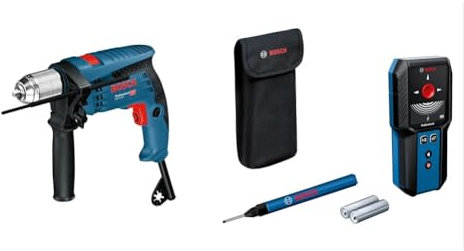Bosch Professional Schlagbohrmaschine GSB 13 RE (Leistung 600 Watt, inkl. Tiefenanschlag 210mm, Schnellspannbohrfutter 13mm) + Bosch Professional Ortungsgerät GMS 120-27 (Markierstift, Schutztasche)