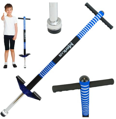 Merkan Pogo Stick, Jump Stick, Springen, Muster für Kinder, Jungen und Mädchen, Lenker aus Weichschaum, 5+, bis 70 kg (Schwarz/Blau)