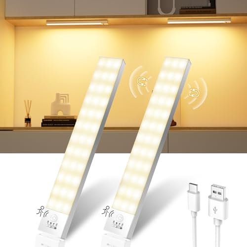 Ylatoial Luz LED Armario con Sensor Movimiento, 23CM Led Cocina Bajo Mueble 3000K USB Recargable 1000mAh, Luz LED Adhesiva para Cocina, Armario, Escalera, Pasillo, Garaje-2 Piezas