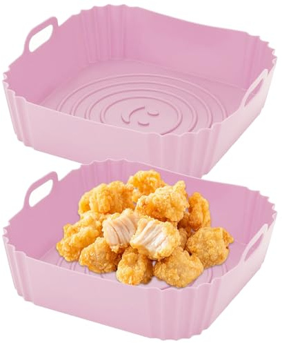 YXHZVON 2 Piezas Molde Silicona Freidora de Aire, Cuadrado Cesta Utensilios Accesorios, Bandeja Moldes para Air Fryer Reutilizable para Air Fryer, Microondas, Horno (Rosa)