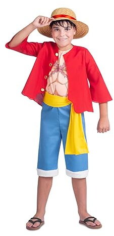 My Other Me - Costume da Rufy per bambino in rosso e blu con cappello, giacca, maglietta, fascia e pantaloni taglia 10-12 anni. Salpa rotta per la grande avventura pirata