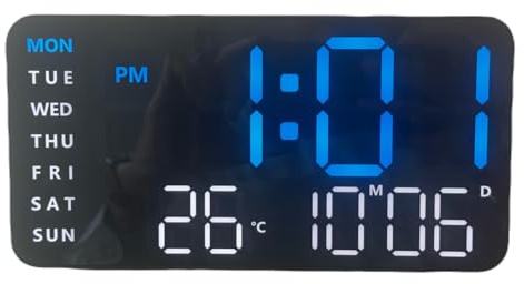 Vortex 6659-svart digital väggklocka, stor LED-skärm, visar tid, datum och temperatur, nattljus, automatisk justering av ljusstyrkan, för väggmontering eller som bordsklocka