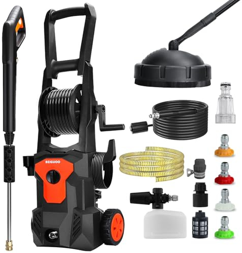 2026 Upgrade Hochdruckreiniger, Pressure Washer 160 Bar Druck: 50 m²/h, 420 L/h Druckreiniger mit 4 Düsen, Schaumsprüher, 17 m Schlauch mit Rotationsbürste