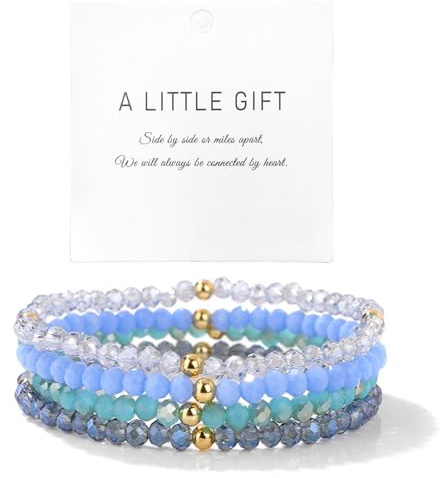 Hernin 4 Pièces Bracelet de Perles Bohème Bracelets Multicouches en Perle de Cristal Empilables Boho Bracelet Bracelets de Perles Multicouches pour Femmes Filles (bleu)