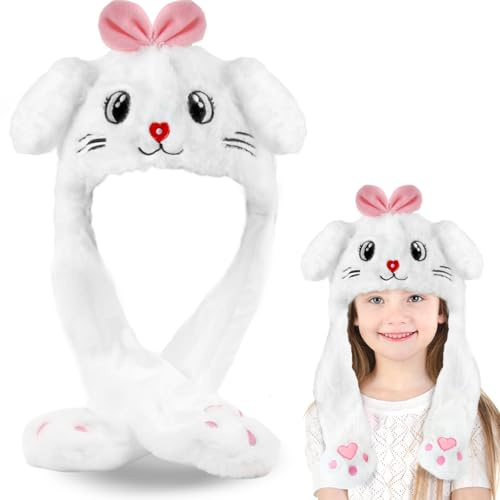 dellyy Gorro de Conejo con Orejas Móviles, Sombrero de Orejas de Conejo, Gorro Orejas Que Se Mueven, Sombrero con Forma de Animal, para Fiesta de Disfraces, Fiesta de Navidad, Carnaval (Gato Blanco)
