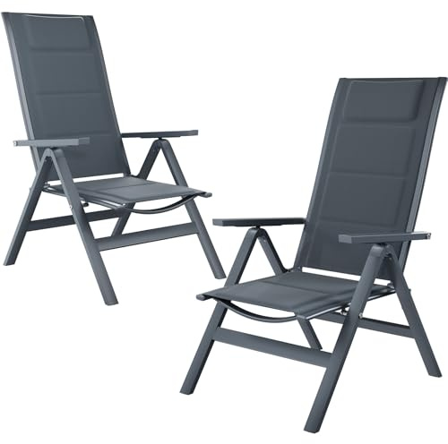 JUMMICO 2er Set Aluminium Gartenstuhl Hochlehner 5-Fach Verstellbarer Rückenlehne,Gartenstühle Atmungsaktiv Wetterfest Klappbar Anti-Rutsch für Terrasse und Garten Belastbar 150 KG Grau