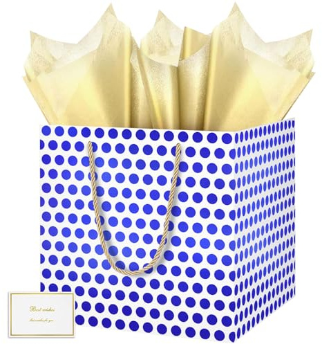 HONTIUS 11.8'' Sacchetto Regalo, Quadrato Puntini Blu Sacchetti Regalo, Busta regalo grande con Carta Velina Carte, 30*30*30cm Borsa Regalo Compleanno per Damigella d'onore Festa di Nozze 1 Pezzi C