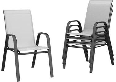 Litake Sillas apilables de jardín para Exterior – Estructura de Metal Resistente y textilene Gris Transpirable – Fáciles de Limpiar, Modernas y cómodas – Set de 4 – para Patio, terraza y balcón –