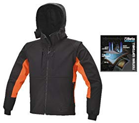 BETA 7683 S - Giacca softshell da lavoro con cappuccio e maniche staccabili, giacca impermeabile e antivento in poliestere, 4 grandi tasche con zip in vita e petto - Nero/Arancio