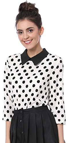 Allegra K Women's Polka Dot Top Casual Peter Pan Collar Blouse 3/4 Sleeve Tops Spring Summer Clothes Large White